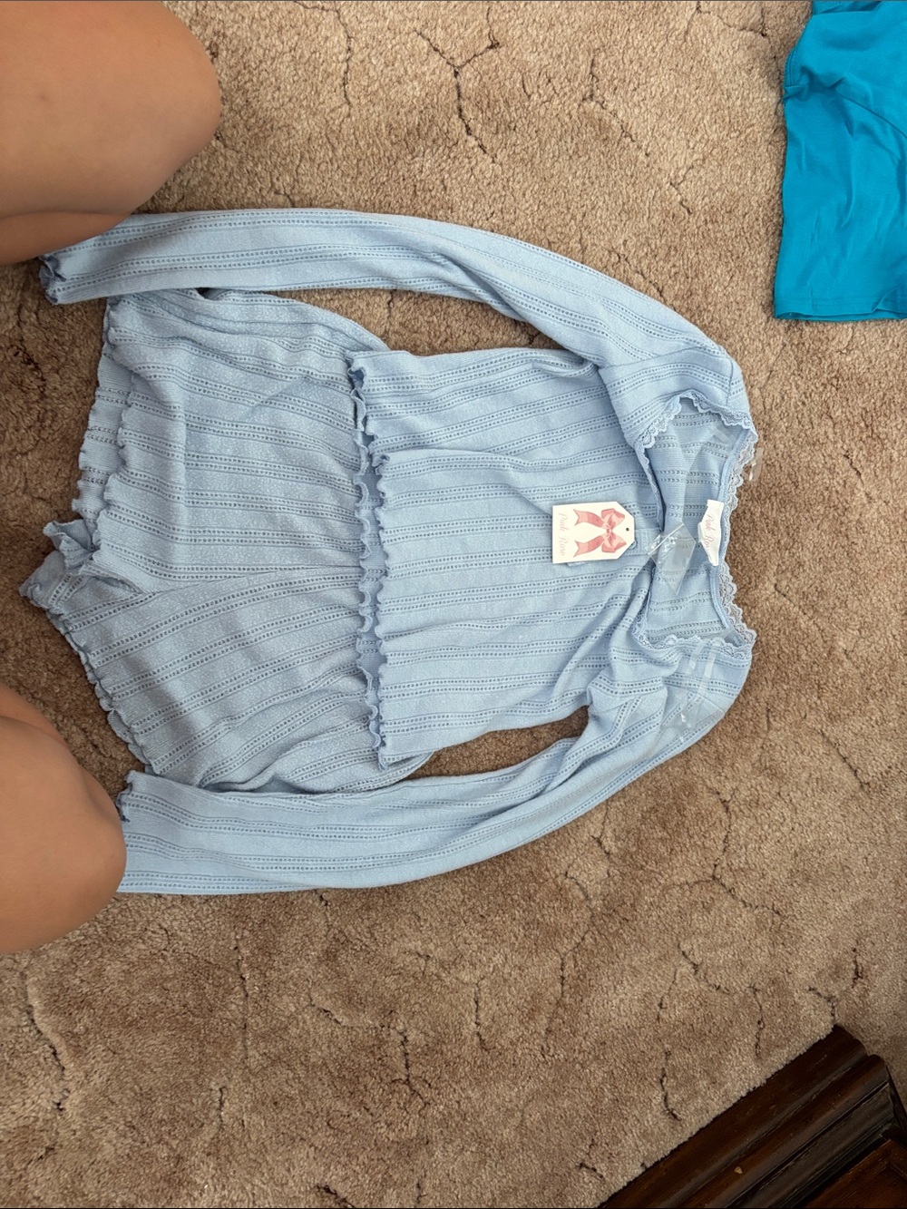 Pink Rose Light Blue Knit Ruffle Long Sleeve Top